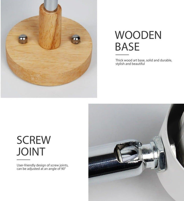 Wandleuchte Holz, Metall, drehbarer Kopf, mit Stecker, für flexible Beleuchtung.