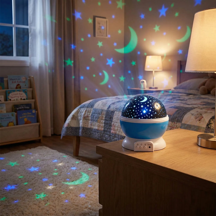 Rotierender Sternenhimmel Projektor für Kinderzimmer mit LED Sternen und Mond, ideale Einschlafhilfe.