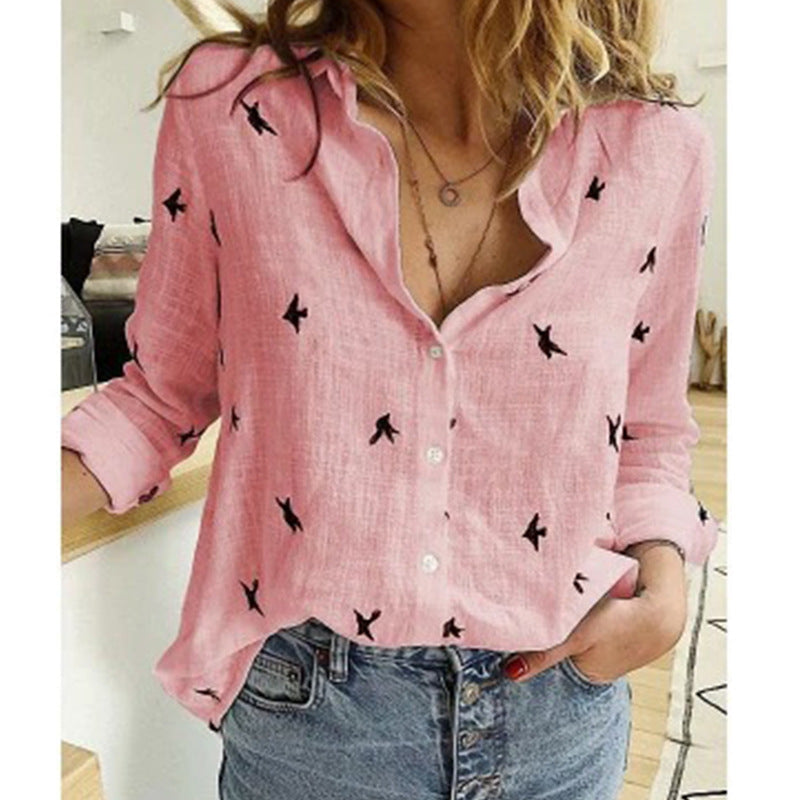 Modische Damen Freizeitbluse, luftig & leicht, mit Vogelmotiv, V-Ausschnitt & Kurzarm – sommerlich-elegant.