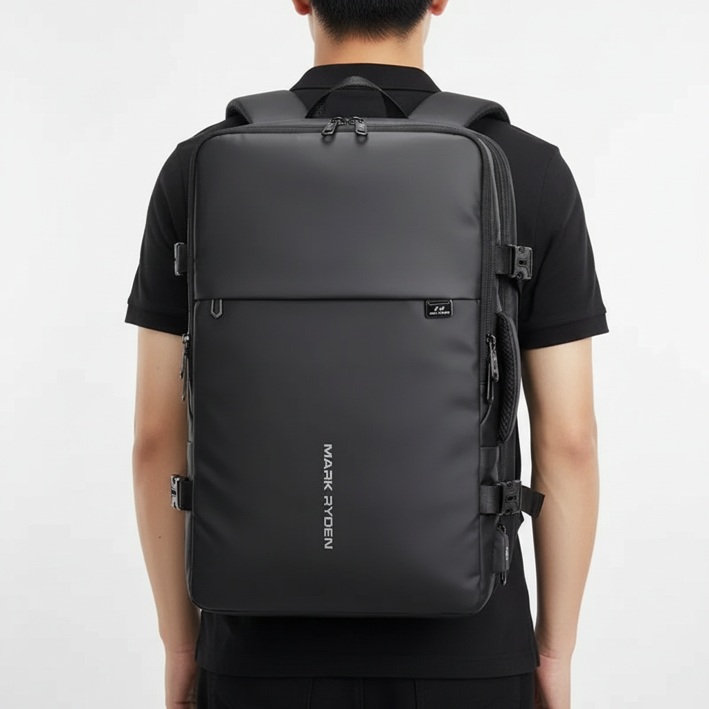 Vielseitiger Unisex Rucksack in Schwarz, erweiterbar, perfekt als Reiserucksack und für den Business-Alltag.