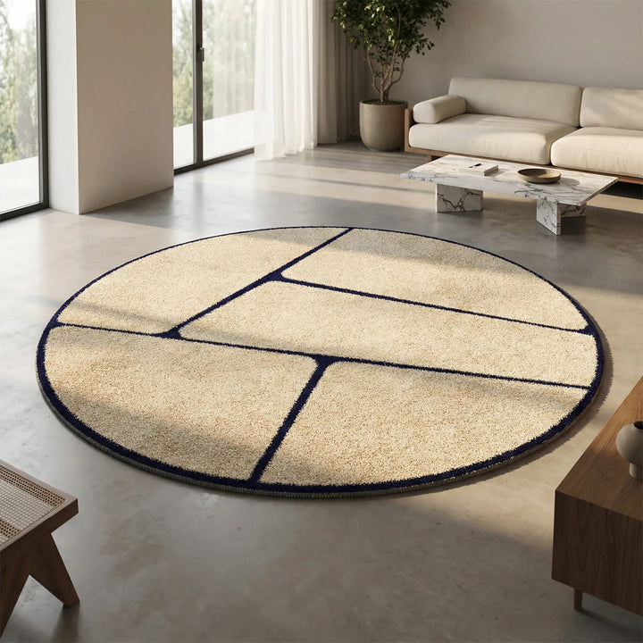 Runder Kurzflor Teppich, modern, geometrisch für Wohnzimmer. Pflegeleichter & waschbarer Bodenbelag.