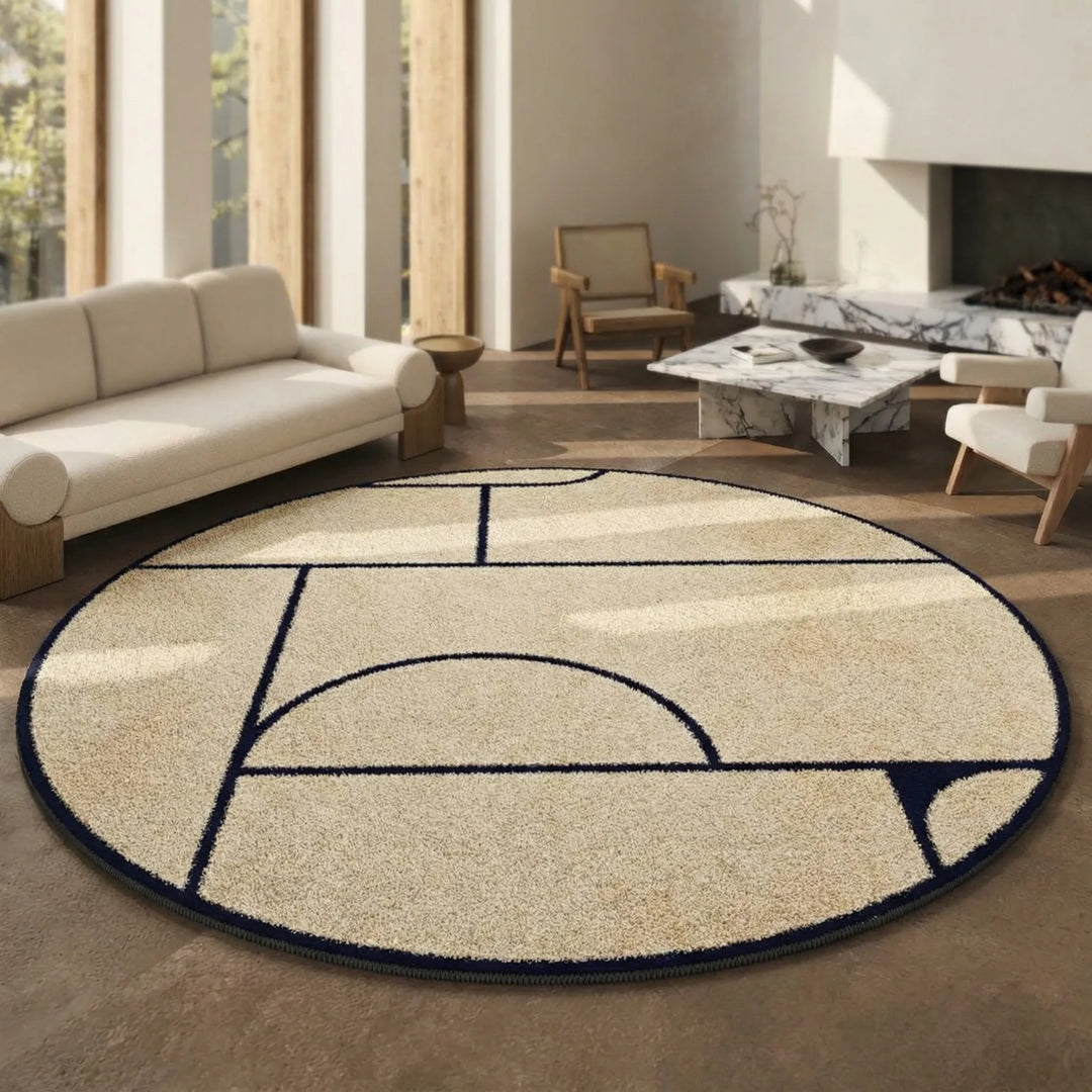 Waschbarer Rundteppich Kurzflor in geometrischem Stil. Ideal für Schlafzimmer & Wohnzimmer.