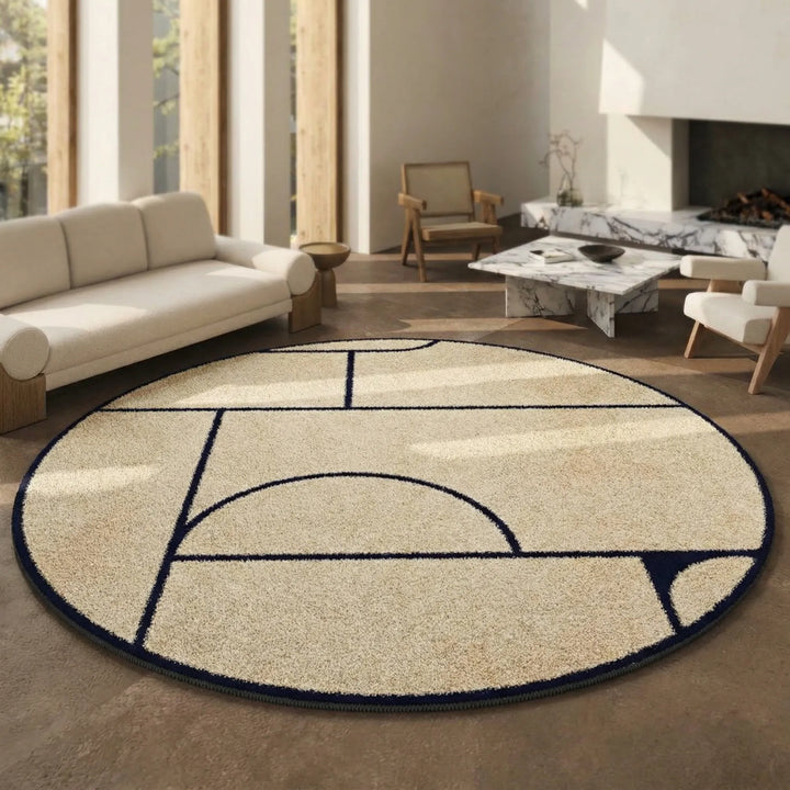 Waschbarer Rundteppich Kurzflor in geometrischem Stil. Ideal für Schlafzimmer & Wohnzimmer.