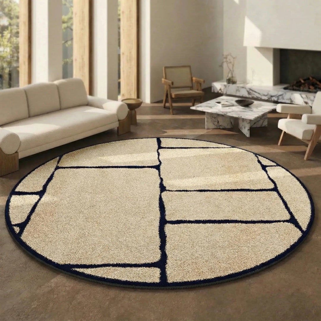 Geometrischer Kurzflor Rundteppich, waschbar und pflegeleicht. Stilvolle Heimdekoration für jeden Raum.