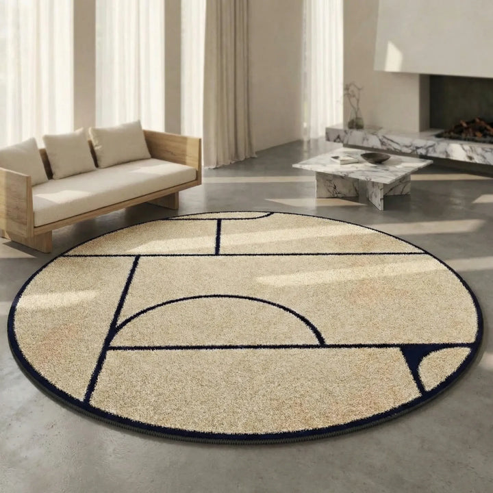 Moderner Kurzflor Teppich, rund, für Wohn- oder Schlafzimmer. Pflegeleichtes, geometrisches Muster.