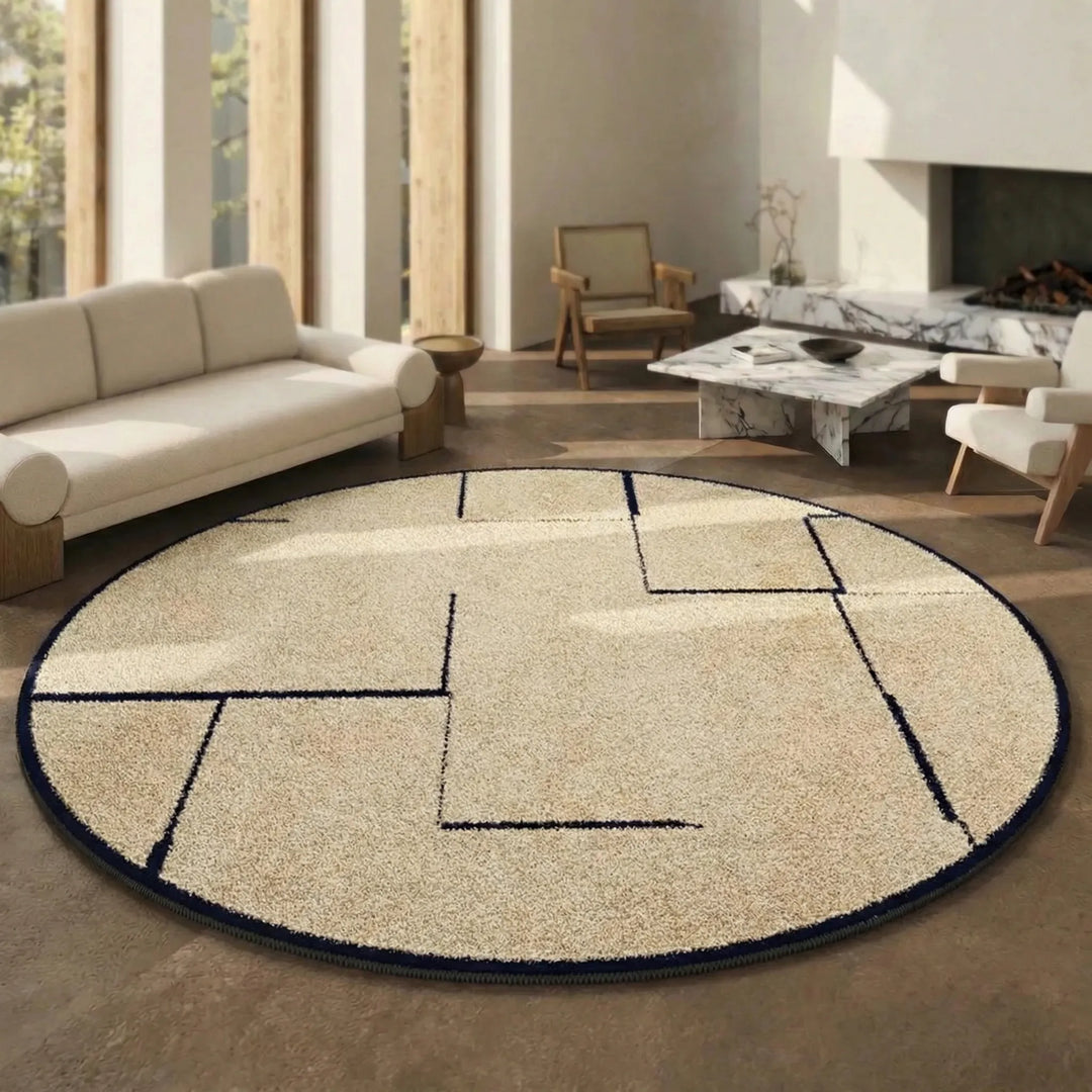 Antistatischer Rundteppich mit Kurzflor. Geometrisches Design, waschbar, ideal für Wohnzimmer.