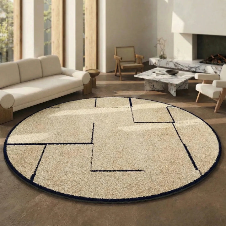 Antistatischer Rundteppich mit Kurzflor. Geometrisches Design, waschbar, ideal für Wohnzimmer.