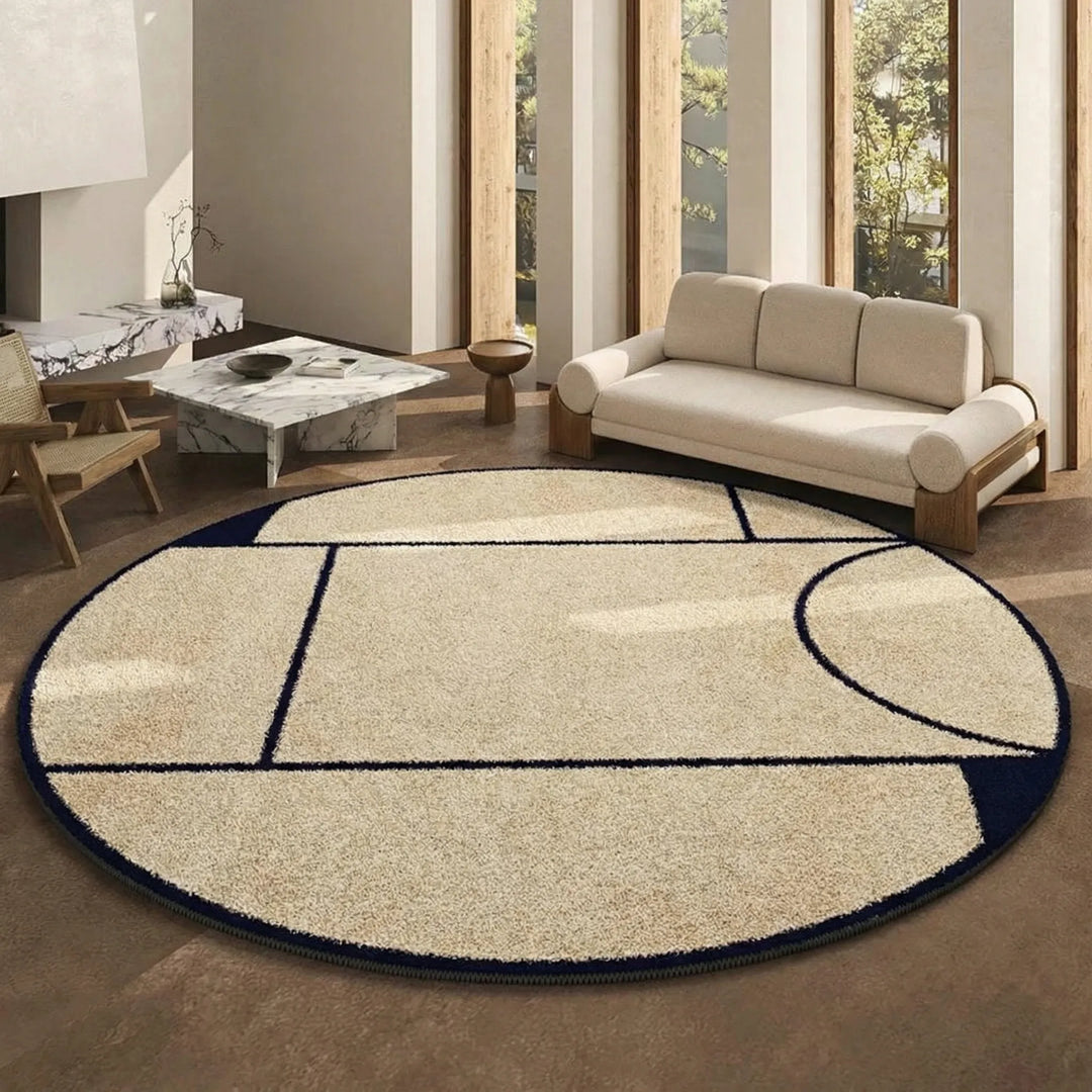 Eleganter, runder Kurzflor Teppich. Modernes geometrisches Muster, pflegeleicht für Schlafzimmer.