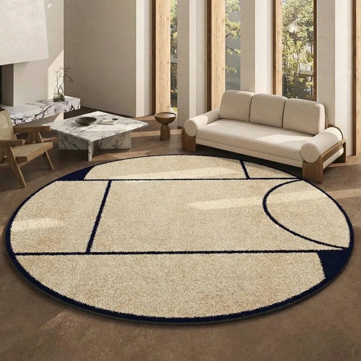 Eleganter, runder Kurzflor Teppich. Modernes geometrisches Muster, pflegeleicht für Schlafzimmer.