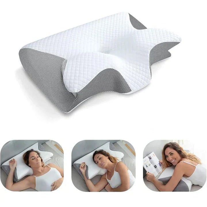 Ergonomisches 2-in-1 Nackenkissen für Seitenschläfer und Rückenschläfer; verbessert Schlafposition und Komfort.