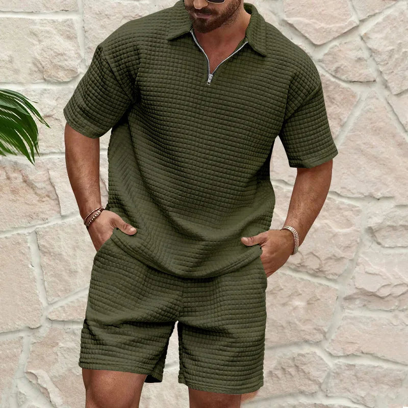 Herren Freizeit Polo-Set: Kurzarmshirt & Shorts mit Reißverschluss, bequem für Sommer & Reise.