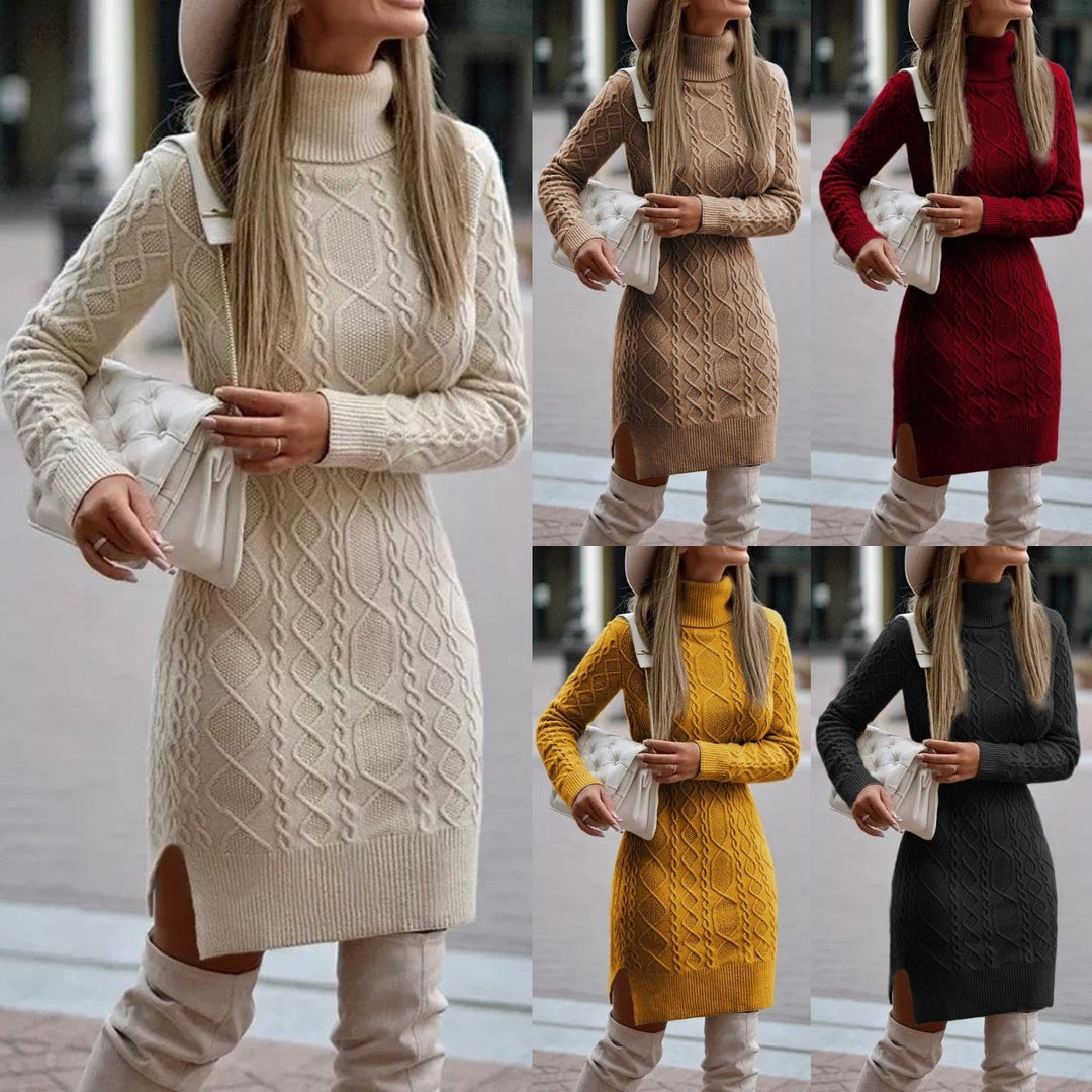 Trendiges Langarm-Strickkleid für Damen, knielang, warm & bequem, perfekt als Herbst- & Wintermode.