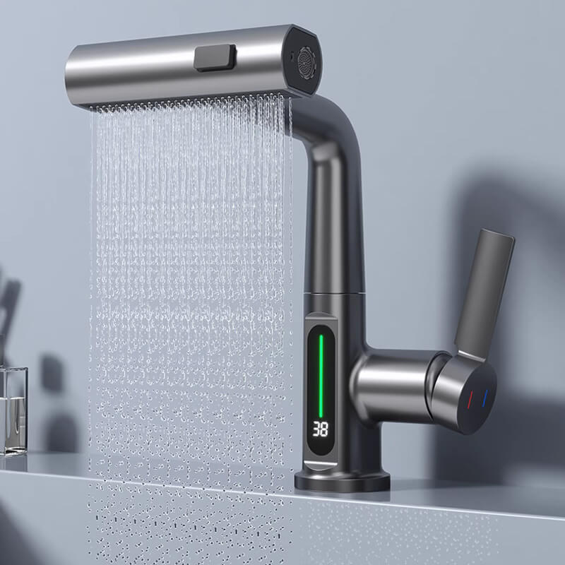 Moderne Küchenarmatur mit LED-Display, flexibel und ausziehbar für optimalen Komfort beim Spülen.