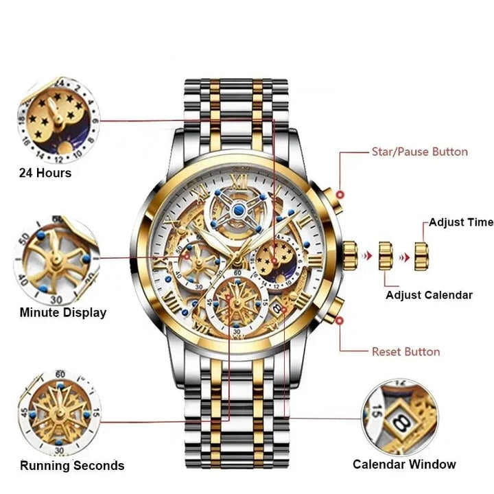 Elegante Herrenuhr im Business-Stil: schwarzes Lederarmband und klares Zifferblatt, wasserdichte Quarzuhr.