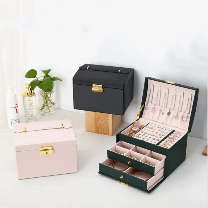 Schmuckorganizer für Damen: 3-Schubladen-Box für Ringe, Ohrringe & Halsketten aus elegantem Lederoptik.