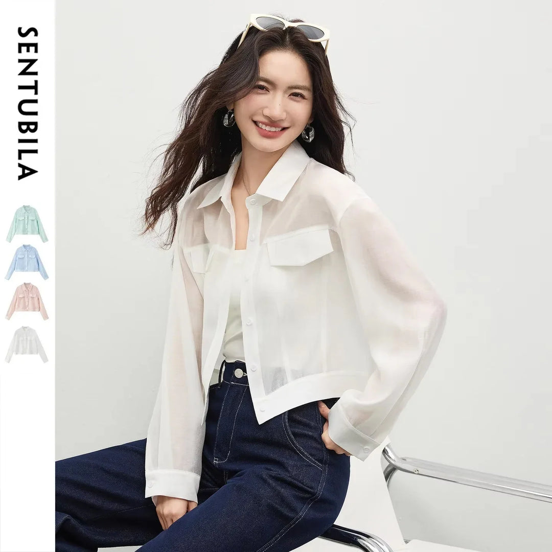Elegante transparente Damen Hemdblazer Bluse mit Kragen, vielseitig kombinierbar.