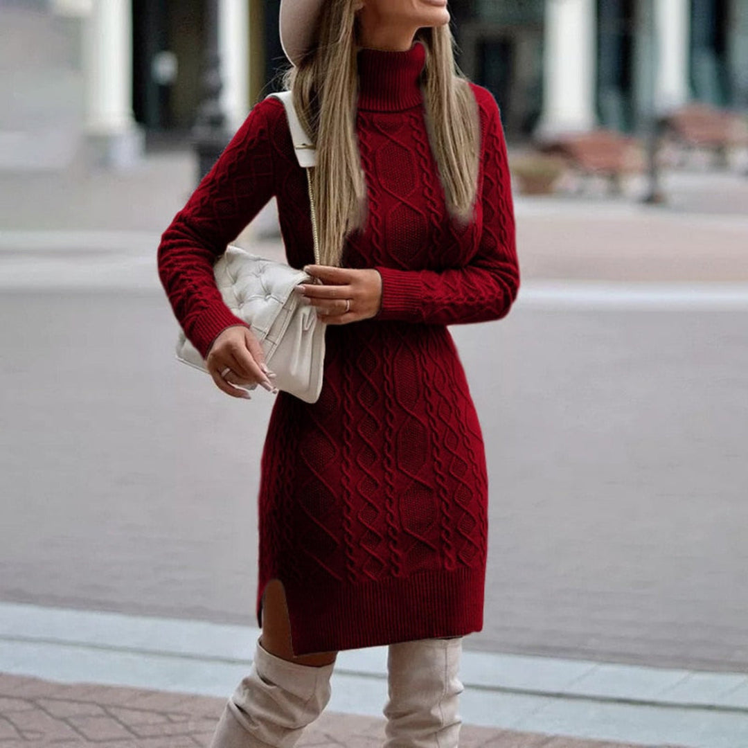 Angenehmes Damen Pulloverkleid aus feinem Strick, knielang & langarm, mit Rollkragen für Eleganz.