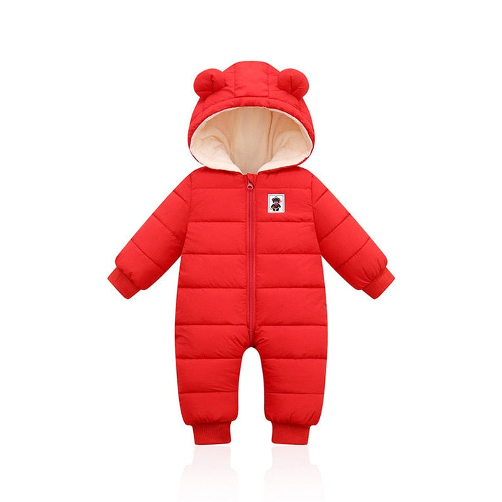 Robuster Outdoor Baby Winter Strampler mit Kapuze & Bärenohren. Ideal für Spiel & Spaß im Schnee für Kleinkinder.