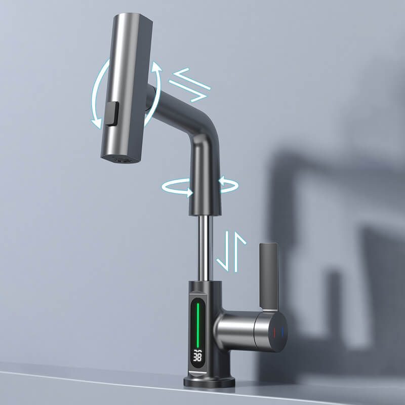 Premium Spültischarmatur mit LED-Anzeige, flexibler Brausefunktion & modernem Messing-Look.