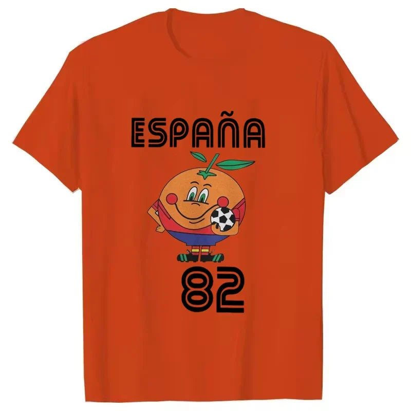 Kurzärmliges Vintage T-Shirt Naranjito Spanien 82; Unisex Retro-Print Shirt, ideal für lässige Freizeit-Outfits.