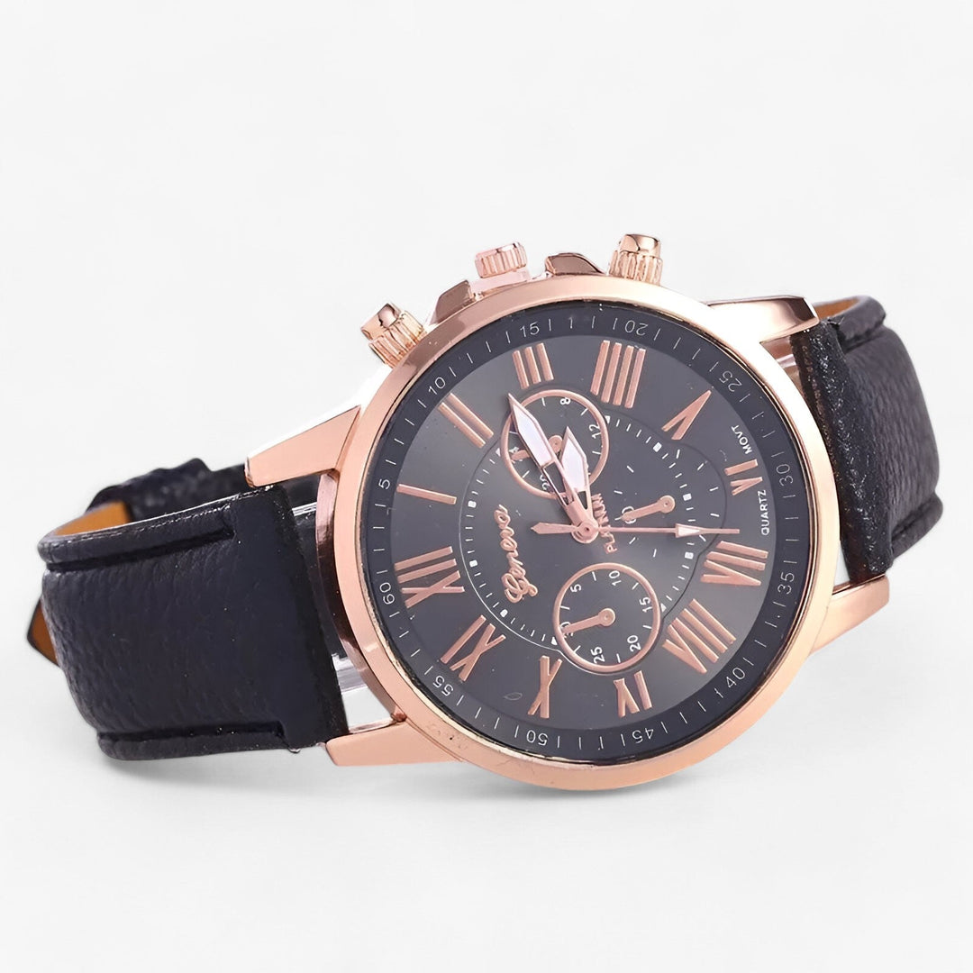 Stilvolle, wasserdichte Damen-Armbanduhr mit echtem Lederband; ideal als Geschenkidee.