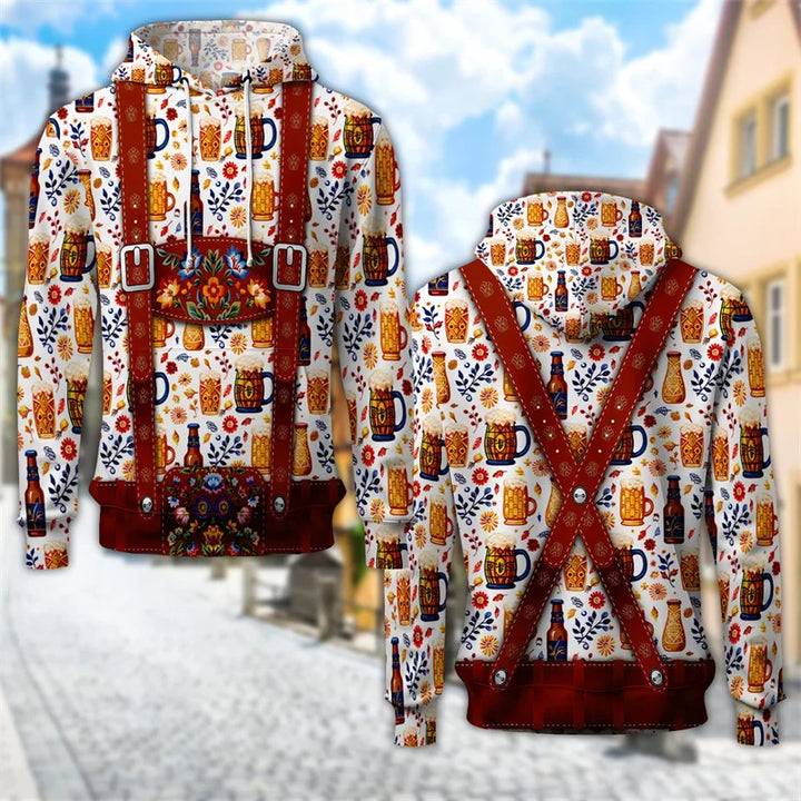 Unisex Trachten Hoodie mit 3D Bierkrug-Print, ideal für das Oktoberfest 2026. Trendy Streetstyle Festmode.