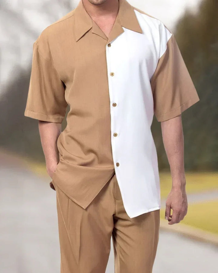 Herren Freizeit-Outfit: Beiges Hemd und Hose, perfekt für entspannte Urlaubstage und Spaziergänge.