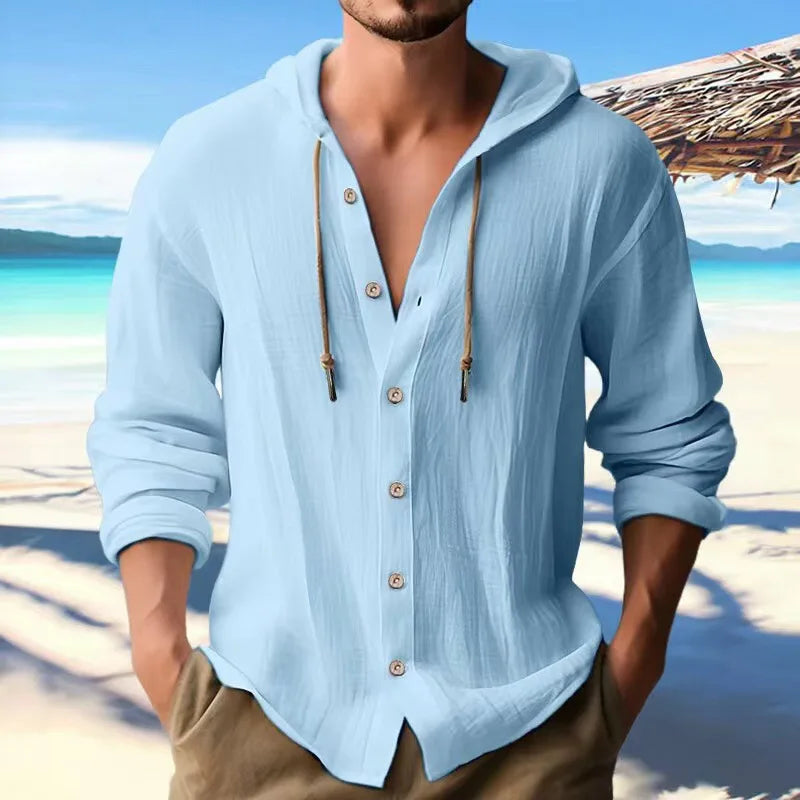 Herren Langarmhemd mit Kapuze, leichtes Material, perfekt für Freizeit & Outdoor.