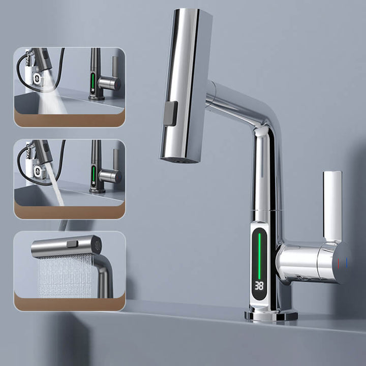 Moderner Messing-Wasserhahn für Küche & Bad, flexibel, mit LED-Display für präzise Temperatur.