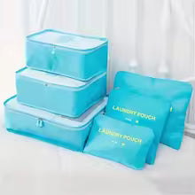 Robuste Polyester Reise Organizer in Blau; Set von 6 Packwürfeln für geordnete Kleidung & Schuhe.