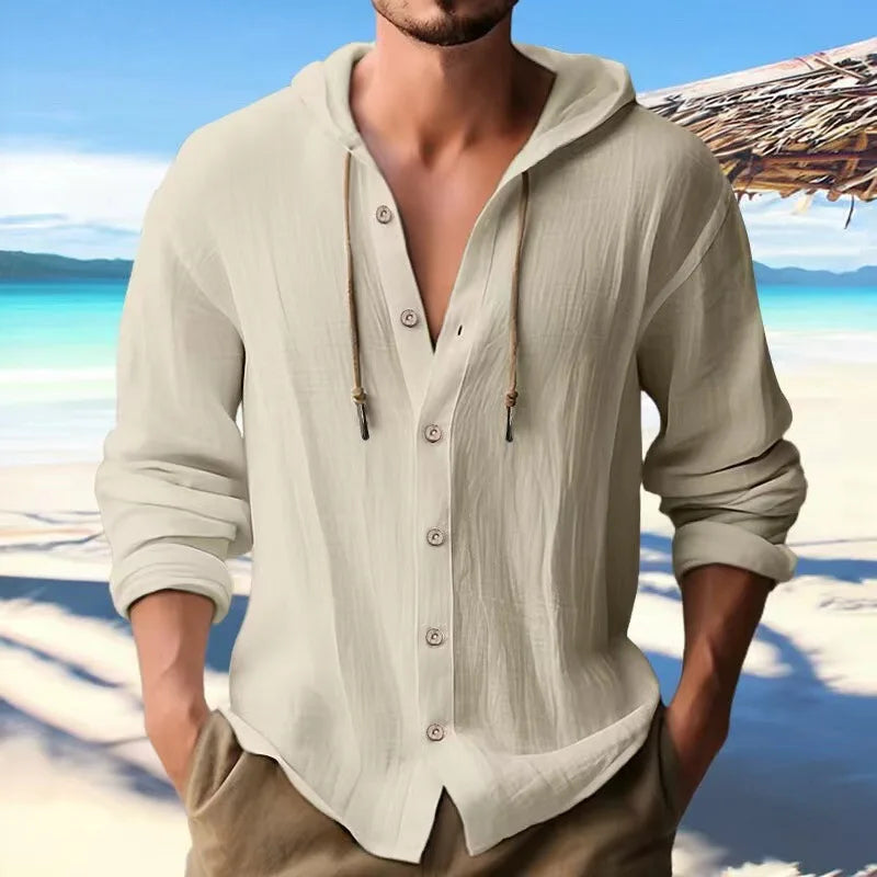 Bequemes Herren Langarm Kapuzenhemd, leichtes Gewebe, für lässige Sommer-Outfits.