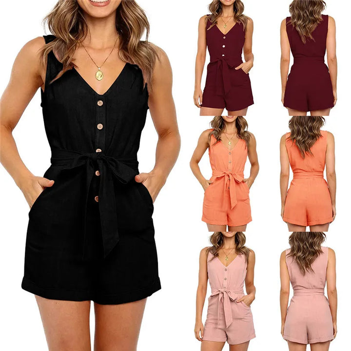 Kurzer Damen Overall ärmellos mit praktischen Taschen, ideal für einen lässigen Sommerlook.