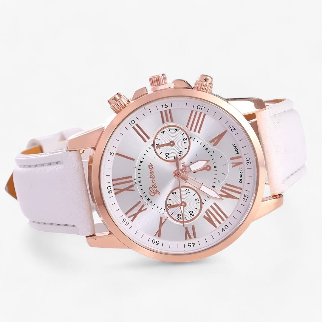 Luxuriöse Damenuhr "Camille" mit braunem Echtlederarmband, wasserdicht und klassisch-elegant.
