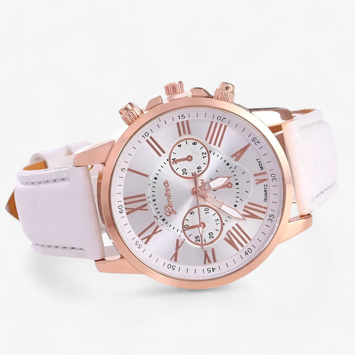 Luxuriöse Damenuhr "Camille" mit braunem Echtlederarmband, wasserdicht und klassisch-elegant.