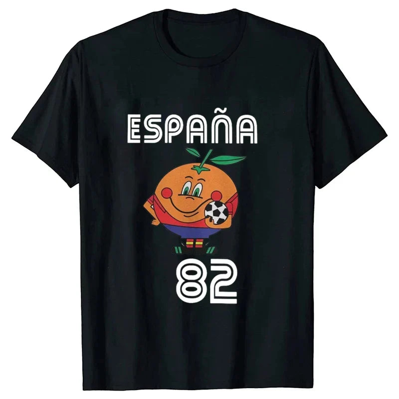 Bequemes Retro T-Shirt Spanien 82, Naranjito Print; Kurzarm-Shirt für Unisex-Freizeitkleidung, Vintage-Look.
