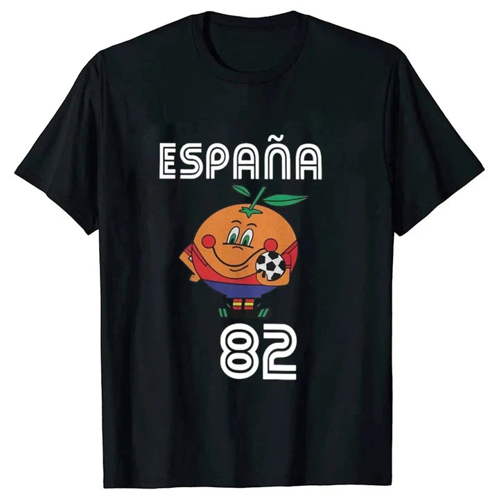 Bequemes Retro T-Shirt Spanien 82, Naranjito Print; Kurzarm-Shirt für Unisex-Freizeitkleidung, Vintage-Look.