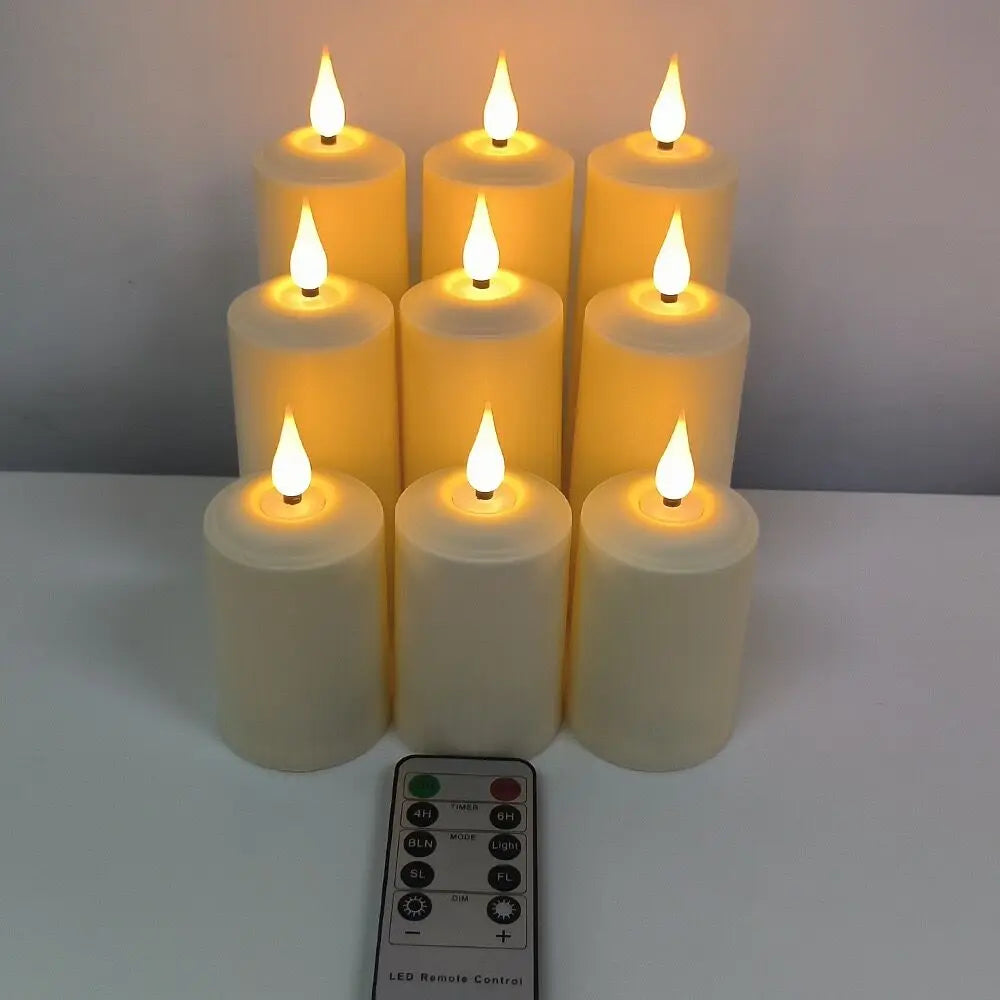 Sicheres, flammenloses LED-Stumpenkerzen-Set mit warmweißem Licht, wasserdicht & per Fernbedienung steuerbar.
