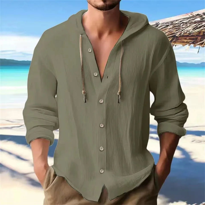 Stylisches Herren Langarmhemd mit Kapuze, leicht & luftig, perfekt für warme Tage.