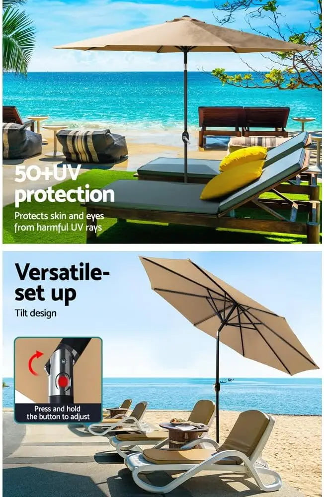 Wetterfester 2,7m Sonnenschirm für Balkon und Garten. Kippbar mit UV-Schutz, wasserabweisendem Stoff und Standfuß.