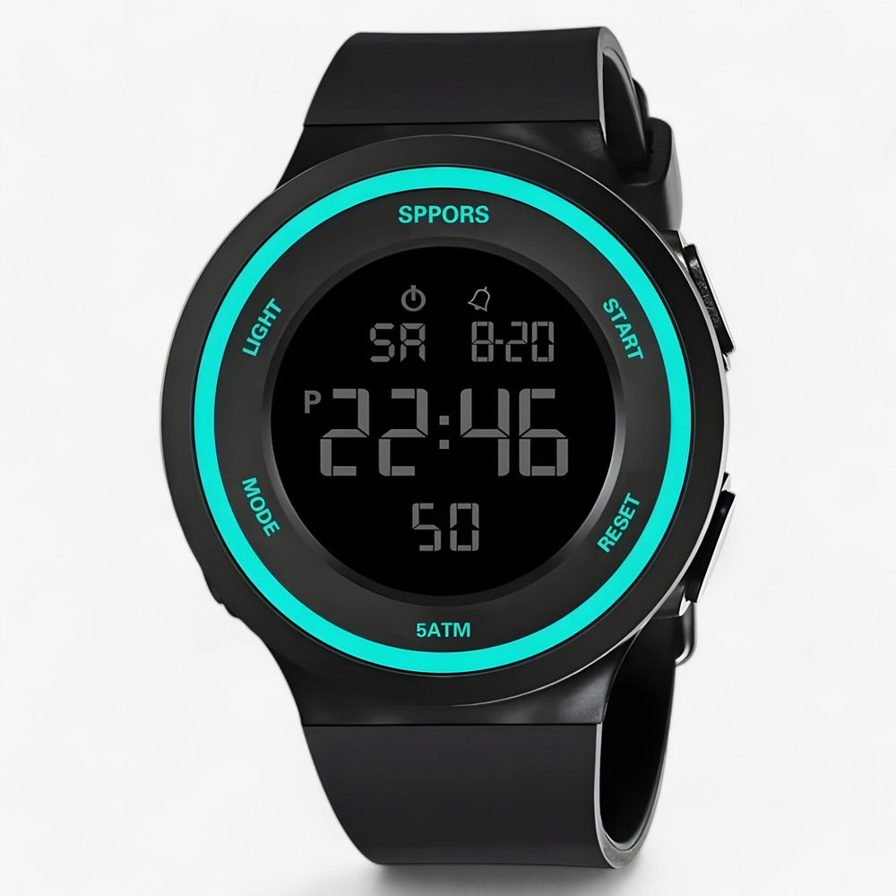 Moderne Unisex Digitaluhr mit klarem LED-Display, Stoppuhr & Alarmfunktion, 5 ATM wasserdicht.