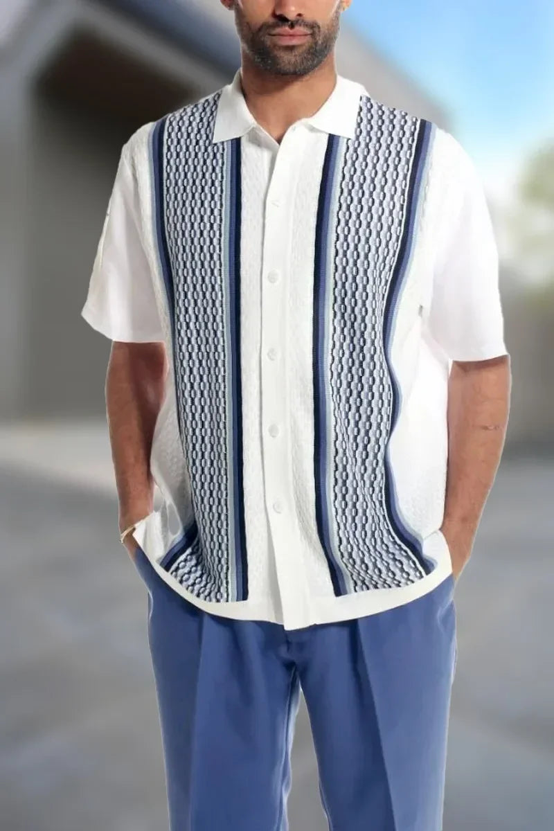 Herren Casual Zweiteiler: Gestreiftes Hemd und unifarbene Hose, ein modisches Statement.
