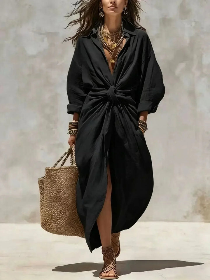 Damen Wickel Maxikleid mit praktischer Knopfleiste und elegantem, fließendem Schnitt, ein vielseitiges Freizeitkleid.