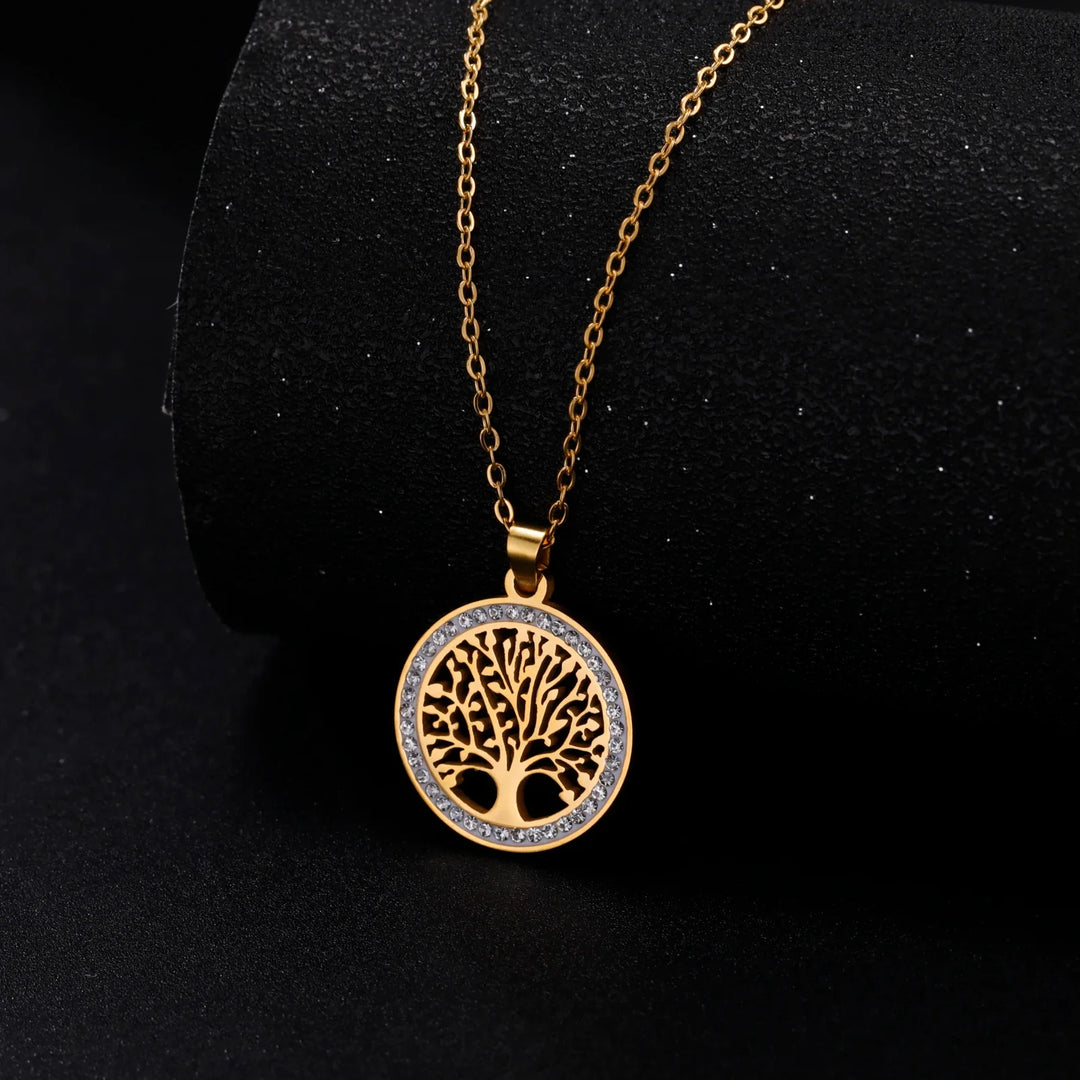Damen Baum des Lebens Halskette mit Zirkon-Anhänger in elegantem Gold-Finish.