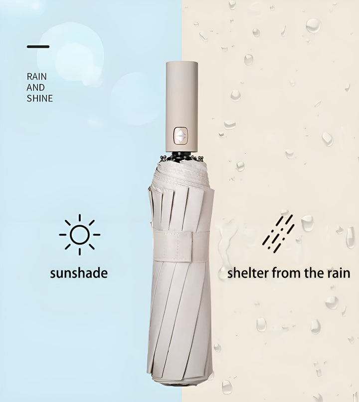 Kompakt zusammengefalteter Automatik-Regenschirm. Platzsparendes Reiseaccessoire mit UV-Schutz, unisex.