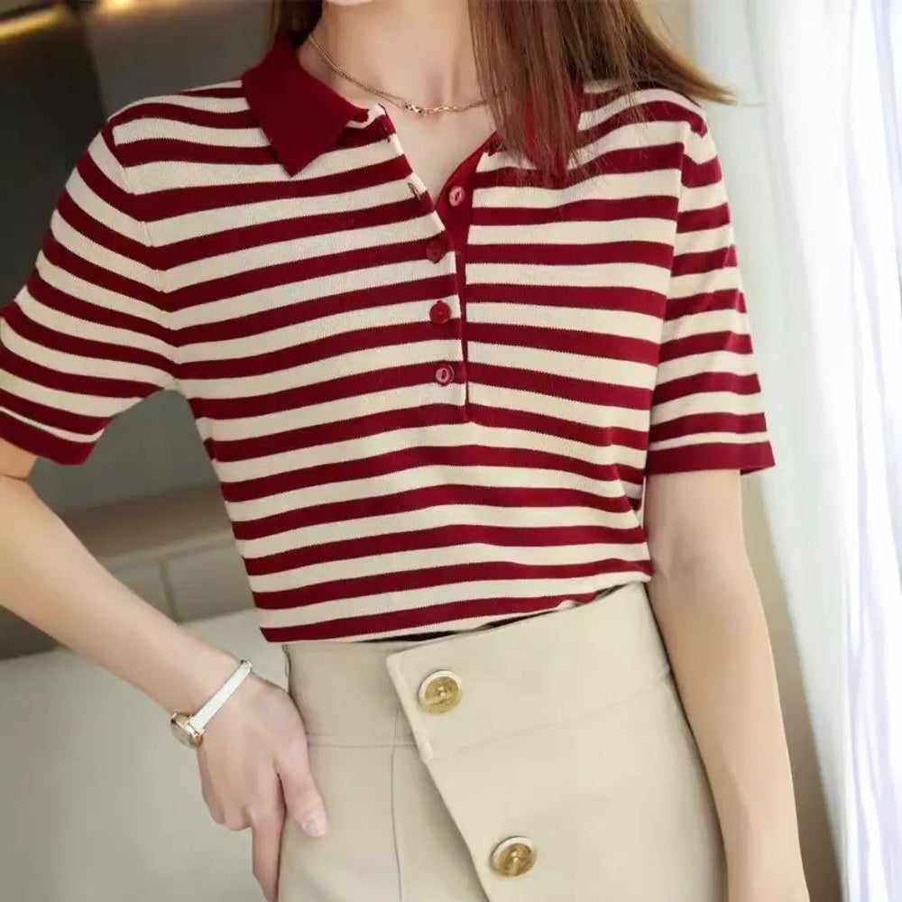 Elegantes Damenpoloshirt, gestreift, mit modischer Knopfleiste; perfekt für Frühling & Sommer Freizeit und Büro.