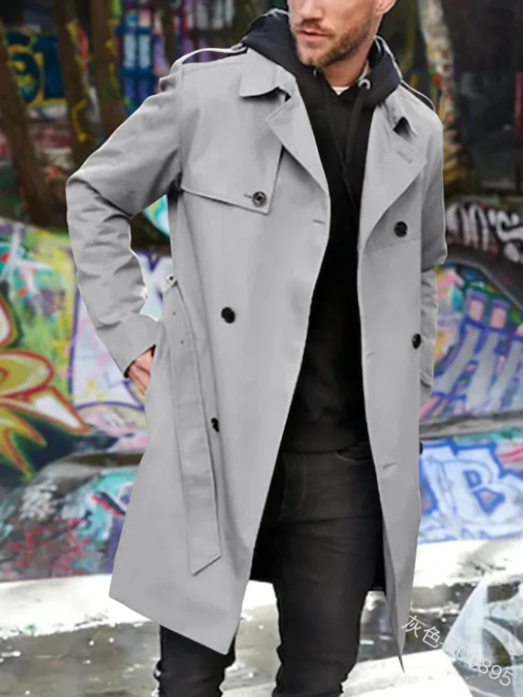Klassischer Herren Trenchcoat Doppelreiher, vielseitiger Mantel für Business, Freizeit & Outerwear.