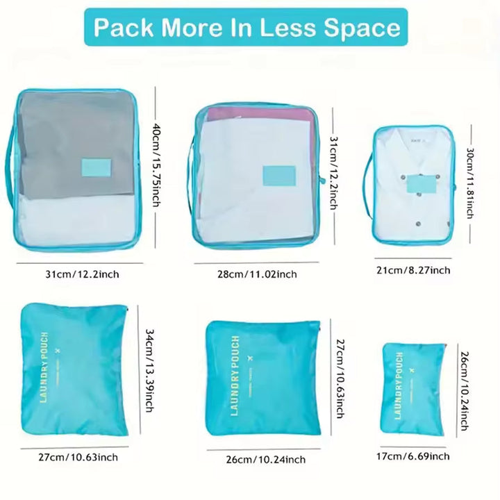 Multifunktionale Reise Organizer: 6 Packwürfel & Beutel zur Sortierung von Kleidung & Reisezubehör.