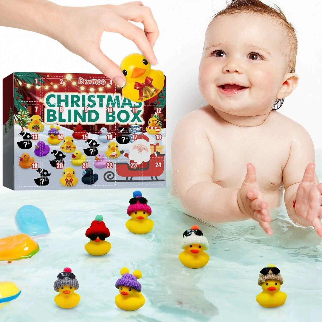 Kinder Badeentchen Adventskalender 2024, verpackt, mit vielen bunten Enten als Weihnachtsüberraschung.
