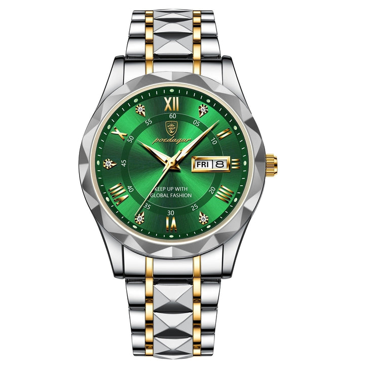 Nahaufnahme des Zifferblatts einer eleganten Herrenuhr aus Edelstahl mit leuchtenden Zeigern und Markierungen.
