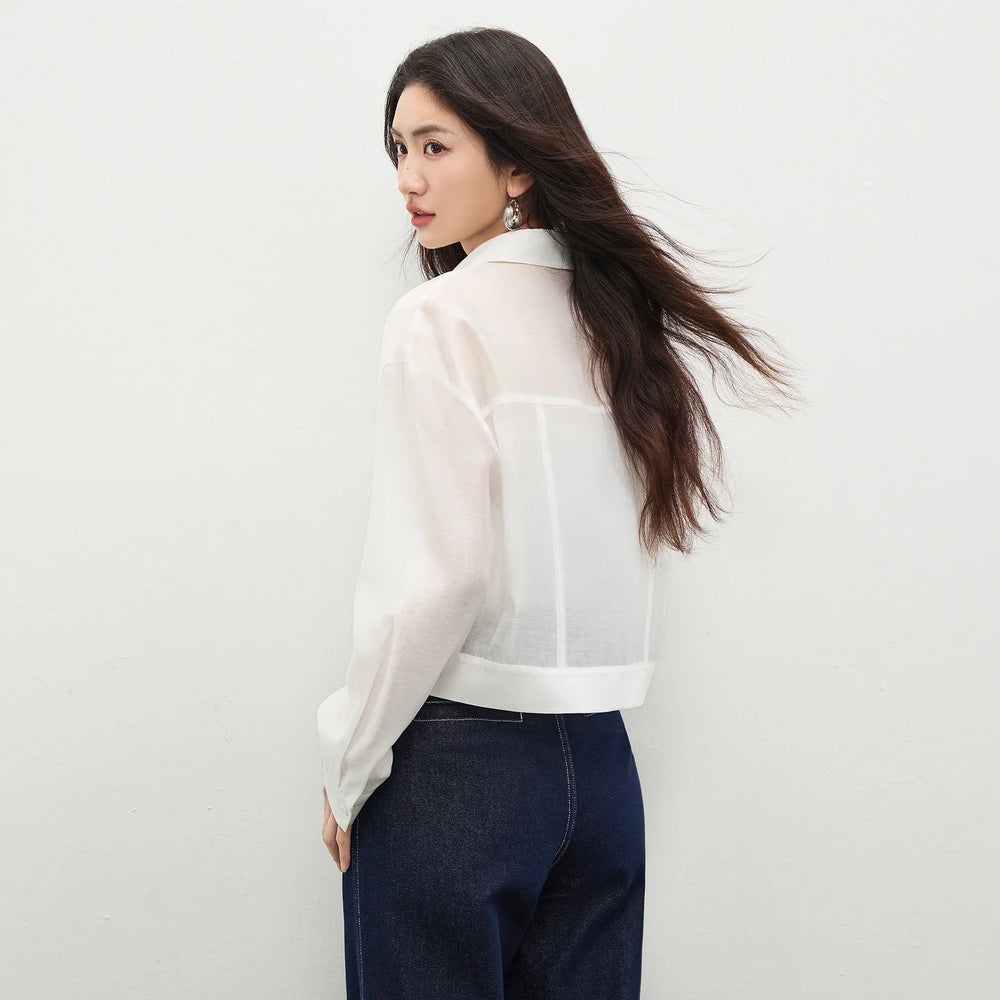Business-chic transparente Damenbluse mit Kragen, perfekt für stilvolle Büromode.